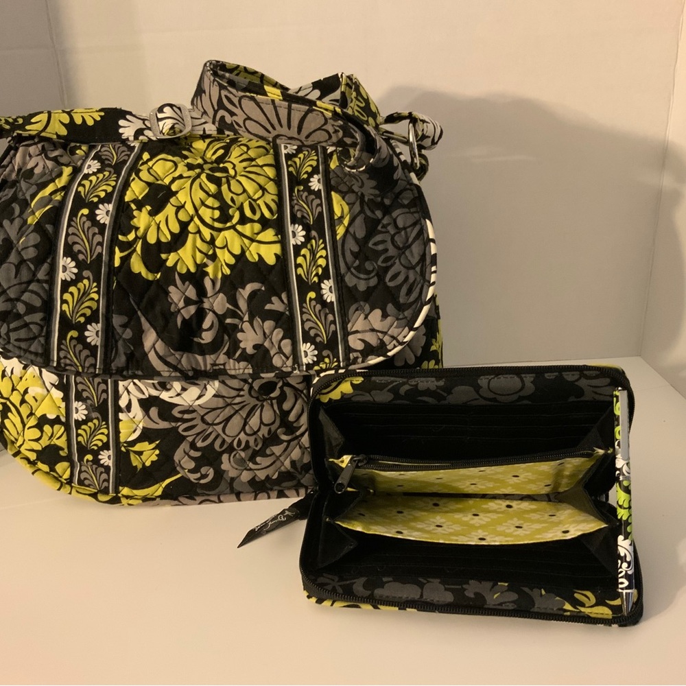 Vera Bradley Baroque Black/White/Lime Floral Shoulder Bag w/ Wallet & Pen